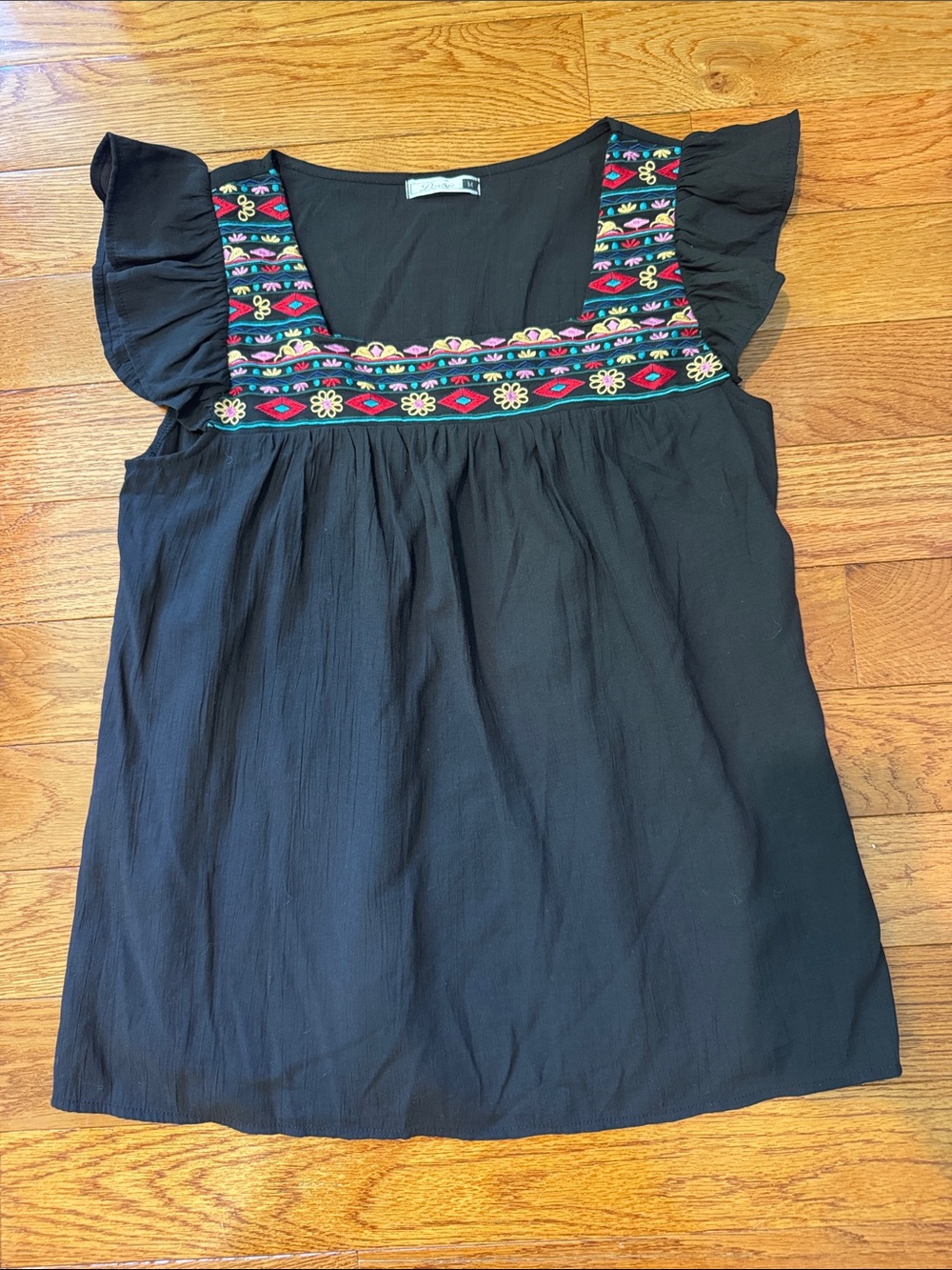 Black Embroidered Square-Neck Flutter Sleeve Blouse